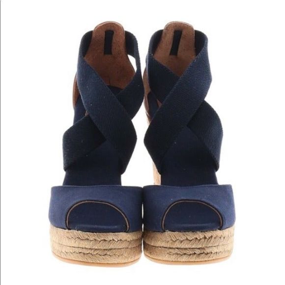 Tory Burch Wedges Navy Peep Toe Espadrille - Picture 8 of 9